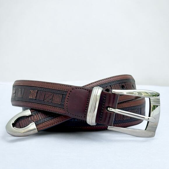 Mezlan Genuine Crocodile Belt Brown Men Silver Buckle Hardware 34” Spain Exotic - Picture 1 of 8